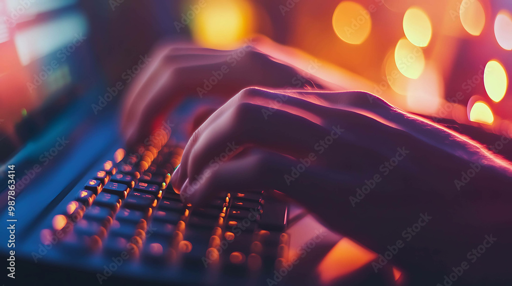 Wall mural close-up of hands typing on a keyboard with a colorful, blurred background.