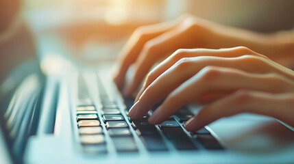 Fototapeta premium Closeup of a person's hands typing on a laptop keyboard.