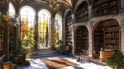 Fototapeta premium A Sunlit Stone Library with Archways and Bookshelves