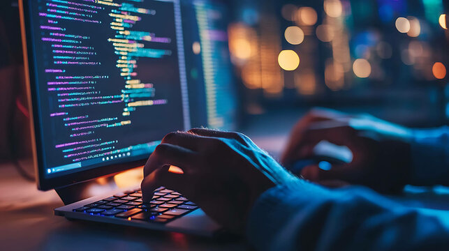 A programmer types code on a laptop in a dimly lit room.