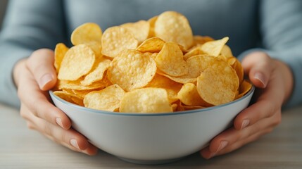 Bowl of Golden Potato Chips Held by Hands, Capturing the Casual Enjoyment of a Snack in a Warm and Relaxed Setting