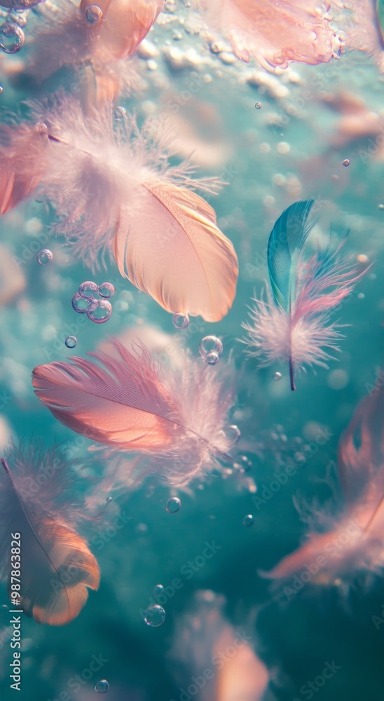 Poster delicate pink feathers gently float in a shimmering blue background with soft bubbles