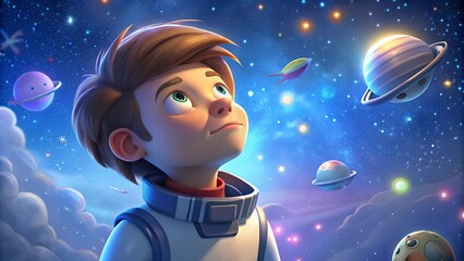 Under a star-filled sky, a young boy envisions his future in space exploration, captivated by distant planets and the wonders above him
