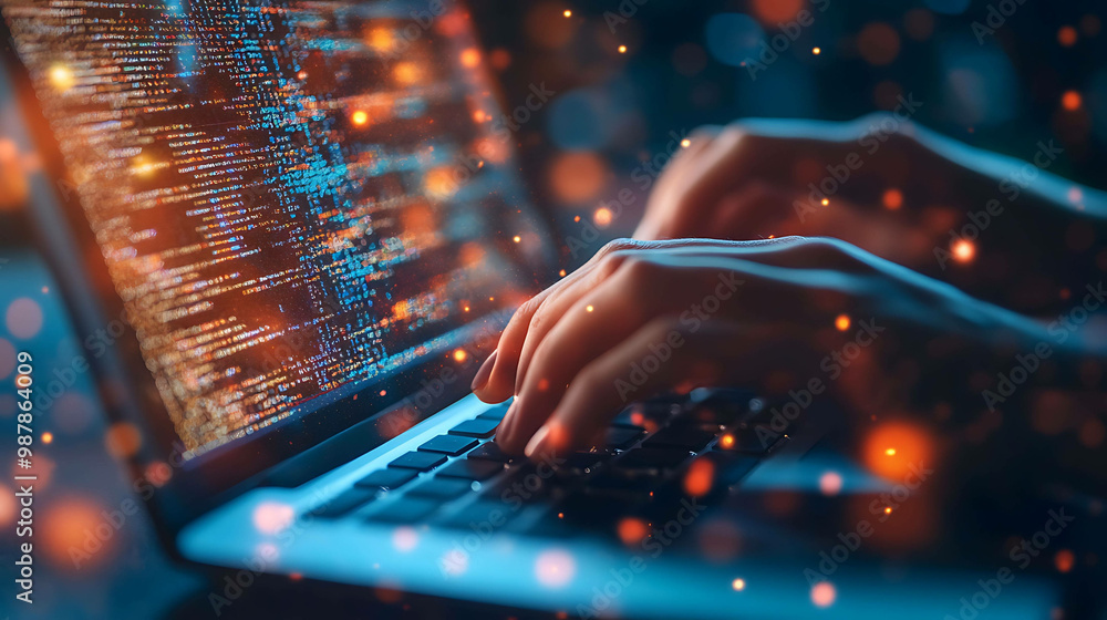 Wall mural a close-up of hands typing code on a laptop with a blurred background of colorful lights.