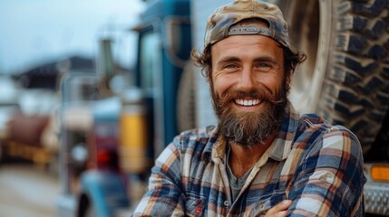 Bearded Male Truck Driver Smiling in Front of His Truck with Arms Crossed