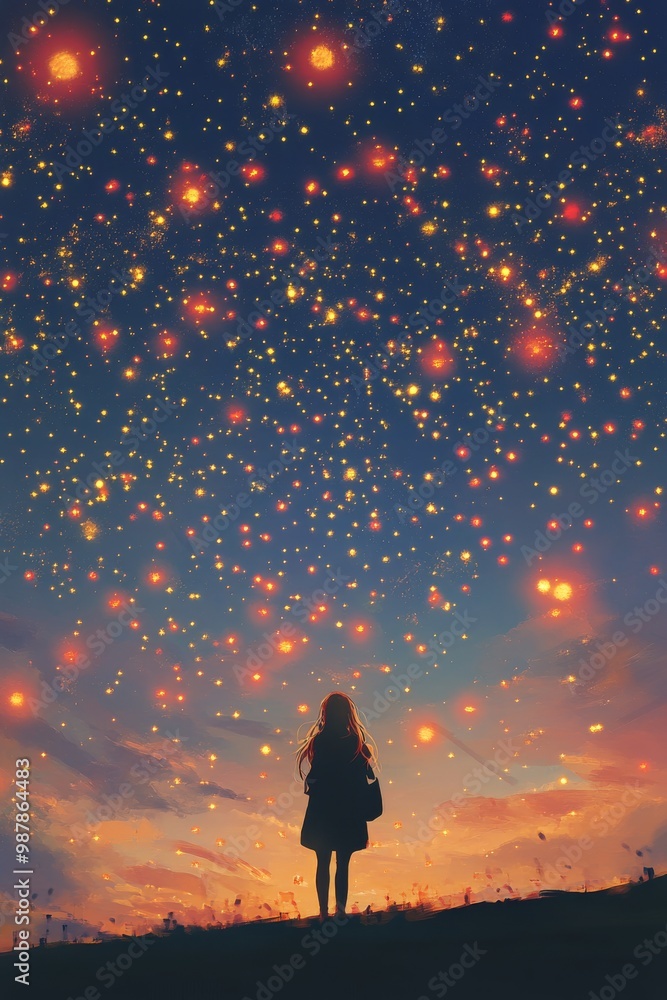 Poster sparkling bokeh lights create a vibrant atmosphere against a blue background during evening hours