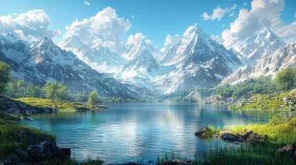 Stunning Realistic Mountain Landscape with Lake View
