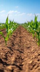 Rows of young corn plants growing in fertile soil under a clear blue sky during summer