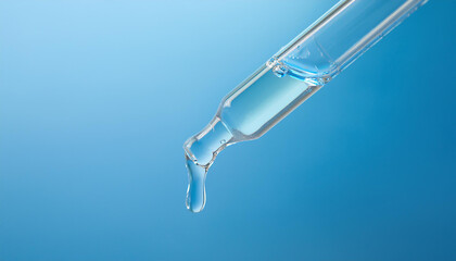 Oil droplets falling from glass pipette, light blue backdrop. Moisturizing serum. Cosmetic product
