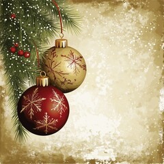 Classic Christmas Ornament Border Design with Red and Gold Baubles, Holly, and Pine Branches on a Grunge Textured Background, Generative AI