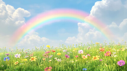 Naklejka premium A colorful rainbow arches over a field of wildflowers.