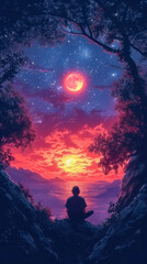 Contemplative Silhouette Under a Fiery Sunset and Starry Sky