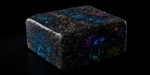 Ein rechteckiger, dunkler Steinblock mit funkelnden blauen, violetten und goldenen Farbtönen, die die Oberfläche durchdringen und eine faszinierende Mischung aus Struktur und Lichtreflexen schaffen