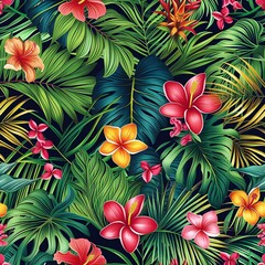 Vibrant Tropical Floral Pattern with Lush Green Leaves.