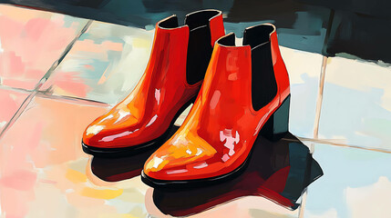 A pair of red patent leather boots with a slight heel, painted in a vibrant and stylized way.