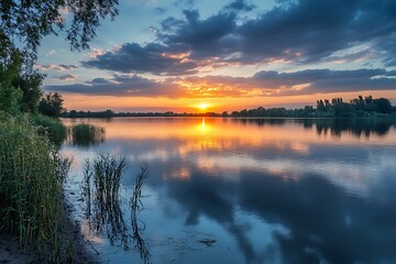 Fototapeta premium Beautiful Sunset over Calm Lake with Reflection