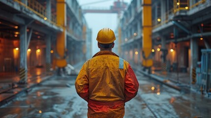 Construction worker with safety helmet observing city buildings under construction on white background