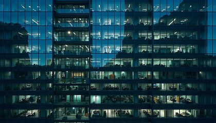 Aerial view of a modern office building at night, showcasing glowing lights and bustling activity.






