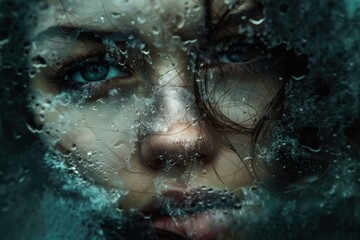 Fototapeta premium Close up of a young woman with wet hair and face behind wet glass with water drops