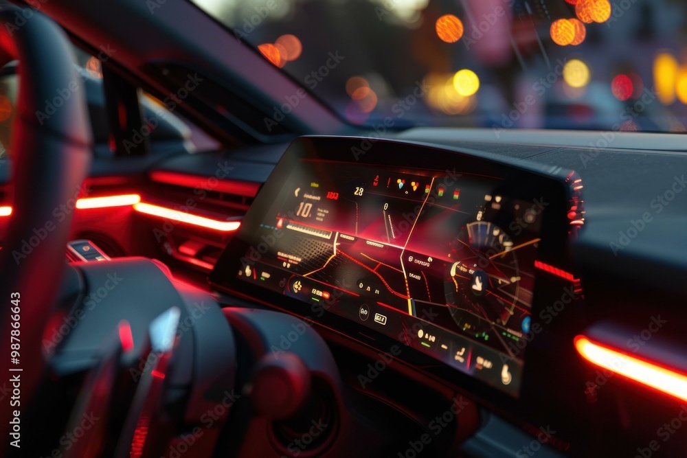 Poster modern car dashboard is illuminated in red at night, showing the gps navigation and infotainment sys