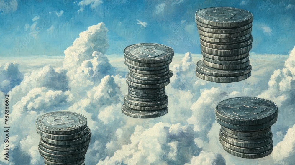 Poster stacks of coins floating in a cloudy sky