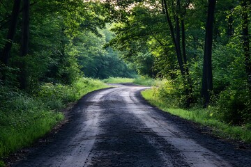 Fototapeta premium Winding dirt road through a lush green forest, a serene and peaceful landscape.