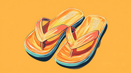 Fototapeta premium Two bright yellow and orange flip-flops on an orange background.