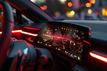 Modern car dashboard is illuminated in red at night, showing the gps navigation and infotainment system - Powered by Adobe