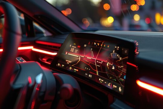 Modern car dashboard is illuminated in red at night, showing the gps navigation and infotainment system