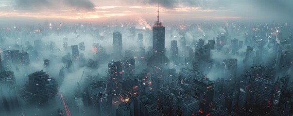 Foggy Urban Landscape at Dusk with Skyscrapers