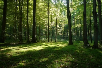 Fototapeta premium Sunbeams through trees in a lush green forest
