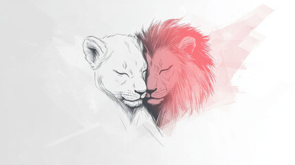 A lion and lioness cuddle close, their eyes closed in contentment.