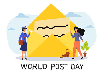 Fototapeta premium Celebrating World Post Day with a postal worker and a woman by a giant envelope