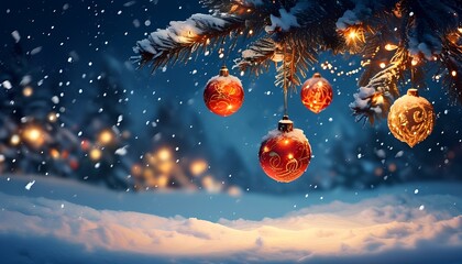 Christmas Ornaments on Snow-Dusted Pine Branch