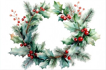 Watercolor Christmas wreath with holly and pine branches.