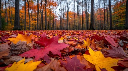 A stunning view of red and yellow autumn leaves scattered on the forest ground, with a background of trees showcasing the colorful fall foliage in its full splendor.