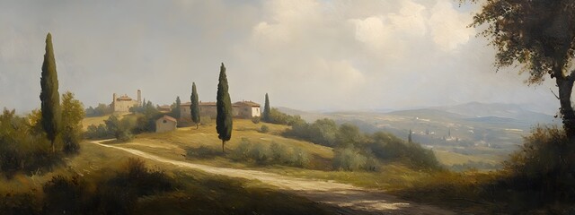  An oil painting of an Italian landscape with cypress trees and hills, with a road leading to the village in the distance