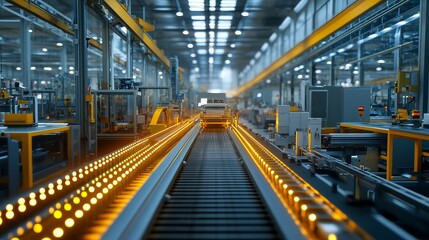 Fototapeta premium A modern industrial manufacturing assembly line features glowing lights, advanced machinery, and automated processes to enhance productivity and efficiency.