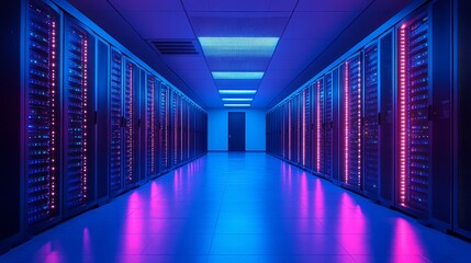 Fototapeta premium A futuristic and high-tech server room illuminated with glowing neon lights, showcasing rows of servers that symbolize the backbone of digital infrastructure and information technology.
