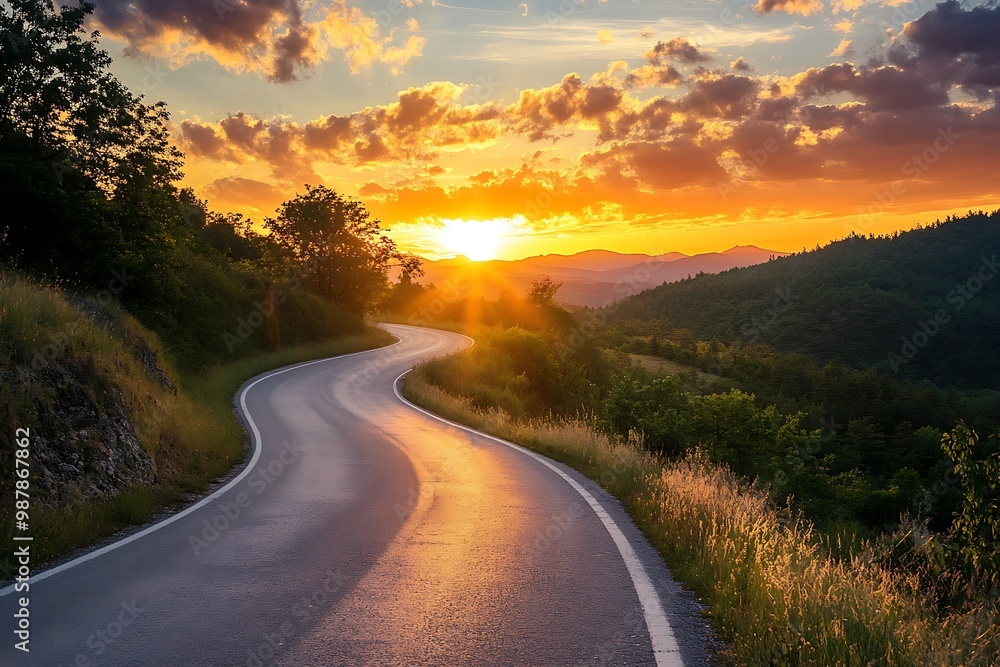 Poster Winding road through scenic mountains at sunset with colorful clouds