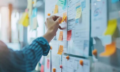 Manager places sticky notes on a glass wall, organizing ideas and strategies for effective project management in the office