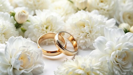 Golden wedding rings resting on a bed of white flowers for a romantic and elegant atmosphere