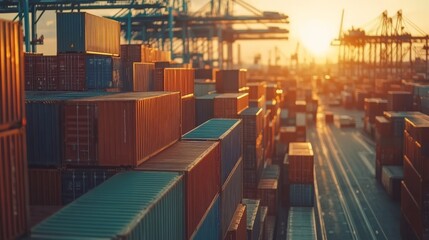 A beautiful sunset illuminating a bustling shipping port filled with stacked containers, highlighting the vibrant activity and industrial machinery against the evening sky.