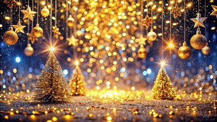 Glittering gold decorations and lights creating a festive atmosphere with Christmas trees and stars
