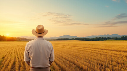 Back View of an Elderly Farmer Wearing a Hat, Standing in a Golden Wheat Field and Gazing at the Sun Setting Over the Horizon, Symbolizing Rural Life and Agricultural Traditions