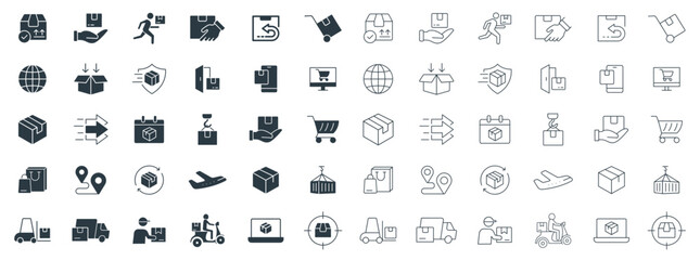 Logistics Icon Set in line and solid vector. Icons of Delivery, Shipping, and Warehousing illustration