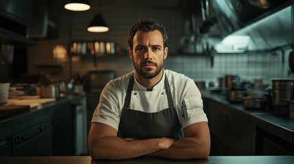 Experienced chef sitting in a dimly lit kitchen after a long day, wearing his professional chef’s uniform, reflecting on the intensity of his culinary work