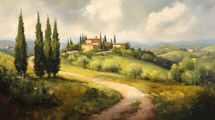 Naklejka premium An oil painting of an Italian landscape with cypress trees and hills, with a road leading to the village in the distance