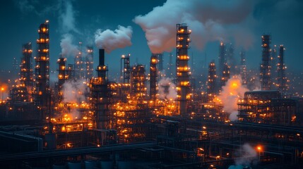 Fototapeta premium An industrial landscape featuring a factory illuminated at night, with multiple chimneys and intricate piping, showcasing the intensity and power of industrial manufacturing processes.