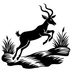Graceful Antelope Silhouette Leaping Over Stream Vector Black Art